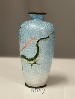 Japanese Cloisonne Ginbari Foil 4.75 Dragon Vase Turquoise Ombré Background
