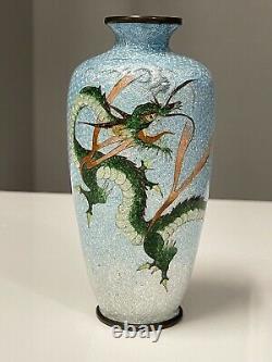 Japanese Cloisonne Ginbari Foil 4.75 Dragon Vase Turquoise Ombré Background