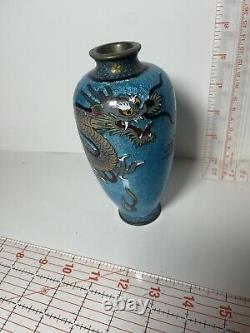 Japanese Cloisonne Ginbari Foil 6 Aqua Blue Dragon Vase