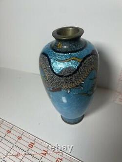 Japanese Cloisonne Ginbari Foil 6 Aqua Blue Dragon Vase