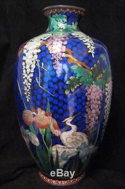 Japanese Cloisonne Ginbari Vase Cranes Wisteria Irises HUGE 18 TALL