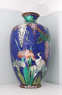 Japanese Cloisonne Ginbari Vase Cranes Wisteria Irises HUGE 18 TALL