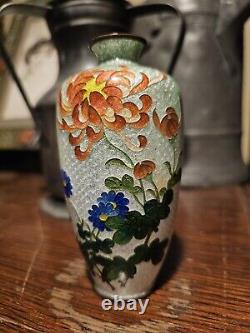 Japanese Cloisonne Ginbari Vase Orange Flower Green To Silver