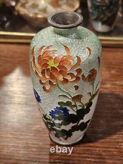 Japanese Cloisonne Ginbari Vase Orange Flower Green To Silver