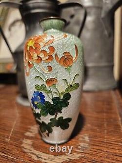 Japanese Cloisonne Ginbari Vase Orange Flower Green To Silver