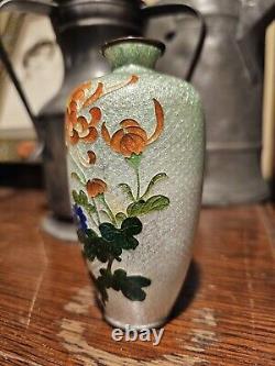 Japanese Cloisonne Ginbari Vase Orange Flower Green To Silver