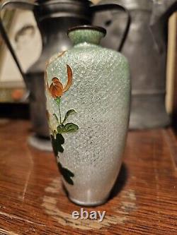 Japanese Cloisonne Ginbari Vase Orange Flower Green To Silver