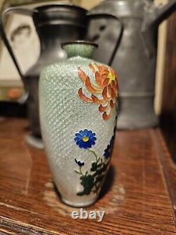 Japanese Cloisonne Ginbari Vase Orange Flower Green To Silver