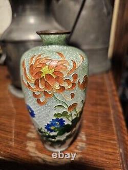 Japanese Cloisonne Ginbari Vase Orange Flower Green To Silver