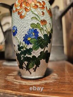 Japanese Cloisonne Ginbari Vase Orange Flower Green To Silver