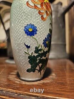 Japanese Cloisonne Ginbari Vase Orange Flower Green To Silver