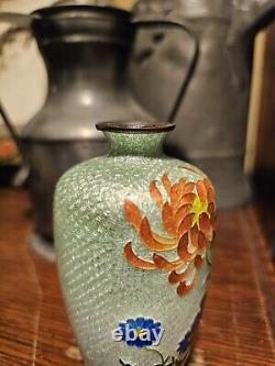 Japanese Cloisonne Ginbari Vase Orange Flower Green To Silver