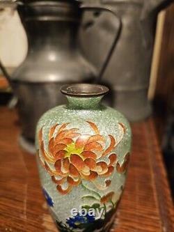 Japanese Cloisonne Ginbari Vase Orange Flower Green To Silver