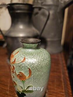 Japanese Cloisonne Ginbari Vase Orange Flower Green To Silver