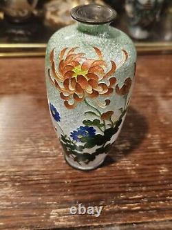 Japanese Cloisonne Ginbari Vase Orange Flower Green To Silver