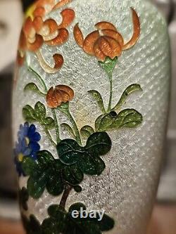 Japanese Cloisonne Ginbari Vase Orange Flower Green To Silver