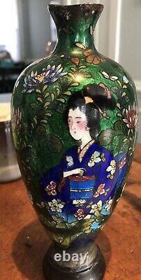 Japanese Cloisonne Green Enamel Copper Ginbari Geisha Vase -19th C Approx 8.75