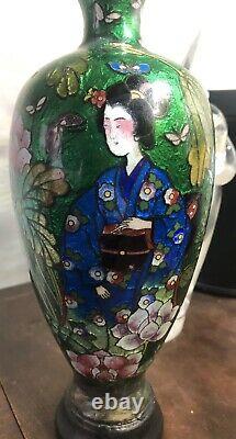 Japanese Cloisonne Green Enamel Copper Ginbari Geisha Vase -19th C Approx 8.75