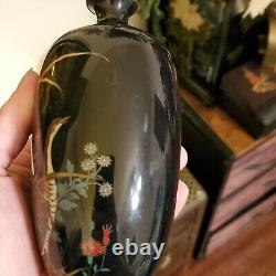 Japanese Cloisonne Meiji Period Vases Pair Pheasant Motif, 1 Vase Damaged