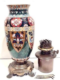 Japanese Cloisonne Oil Lamp Meiji, Large, Phoenix, Mounted Vase
