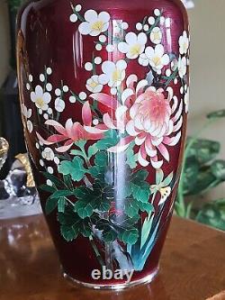 Japanese Cloisonne Pigeon Blood Chrysanthemum Vase Marked ANDO Vtg 9.75