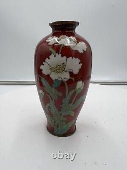 Japanese Cloisonné Vase, Blood Red Ground, Flowers, Meiji Era(f2)