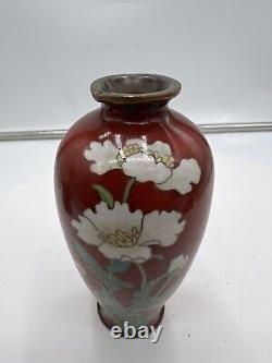 Japanese Cloisonné Vase, Blood Red Ground, Flowers, Meiji Era(f2)