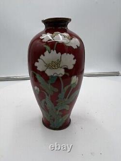 Japanese Cloisonné Vase, Blood Red Ground, Flowers, Meiji Era(f2)