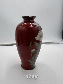 Japanese Cloisonné Vase, Blood Red Ground, Flowers, Meiji Era(f2)