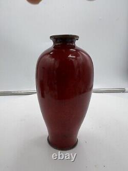 Japanese Cloisonné Vase, Blood Red Ground, Flowers, Meiji Era(f2)