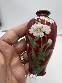 Japanese Cloisonné Vase, Blood Red Ground, Flowers, Meiji Era(f2)