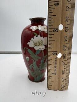 Japanese Cloisonné Vase, Blood Red Ground, Flowers, Meiji Era(f2)