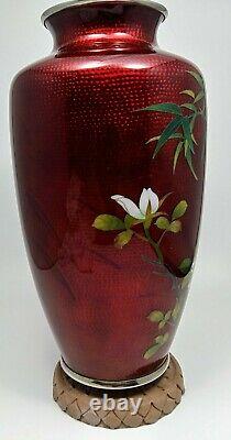 Japanese Cloisonne Vase, Mark Japan Sato, 8.5 Red Background, White Blossom & B
