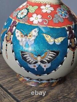 Japanese Cloisonne Vase Phoenix Butterfly Gorgeous Turquoise Blue