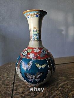 Japanese Cloisonne Vase Phoenix Butterfly Gorgeous Turquoise Blue