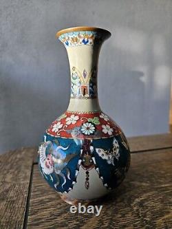 Japanese Cloisonne Vase Phoenix Butterfly Gorgeous Turquoise Blue