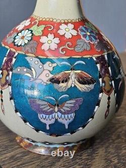 Japanese Cloisonne Vase Phoenix Butterfly Gorgeous Turquoise Blue