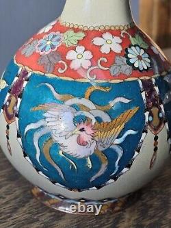 Japanese Cloisonne Vase Phoenix Butterfly Gorgeous Turquoise Blue