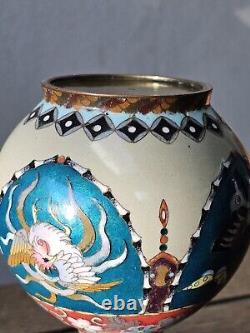 Japanese Cloisonne Vase Phoenix Butterfly Gorgeous Turquoise Blue