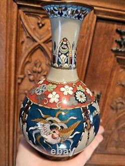 Japanese Cloisonne Vase Phoenix Butterfly Gorgeous Turquoise Blue