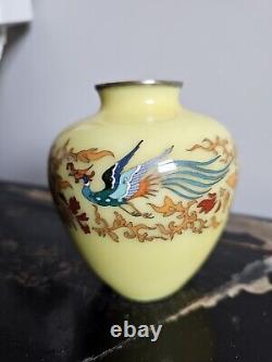 Japanese Cloisonne Vase Phoenix On Lemon Yellow Ground