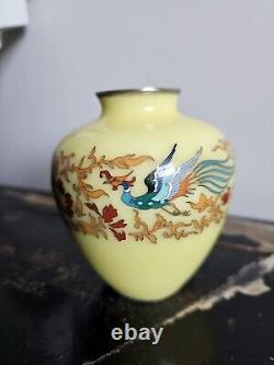 Japanese Cloisonne Vase Phoenix On Lemon Yellow Ground