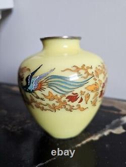 Japanese Cloisonne Vase Phoenix On Lemon Yellow Ground