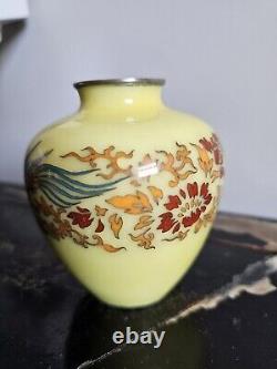 Japanese Cloisonne Vase Phoenix On Lemon Yellow Ground