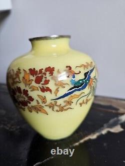 Japanese Cloisonne Vase Phoenix On Lemon Yellow Ground