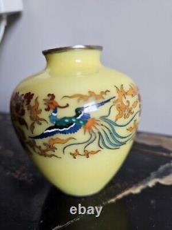 Japanese Cloisonne Vase Phoenix On Lemon Yellow Ground