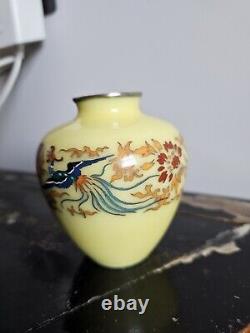 Japanese Cloisonne Vase Phoenix On Lemon Yellow Ground