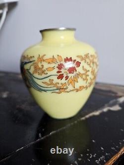 Japanese Cloisonne Vase Phoenix On Lemon Yellow Ground