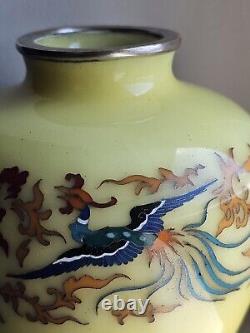 Japanese Cloisonne Vase Phoenix On Lemon Yellow Ground