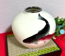 Japanese Cloisonne Vase enamel with koi carp design 7.87 in